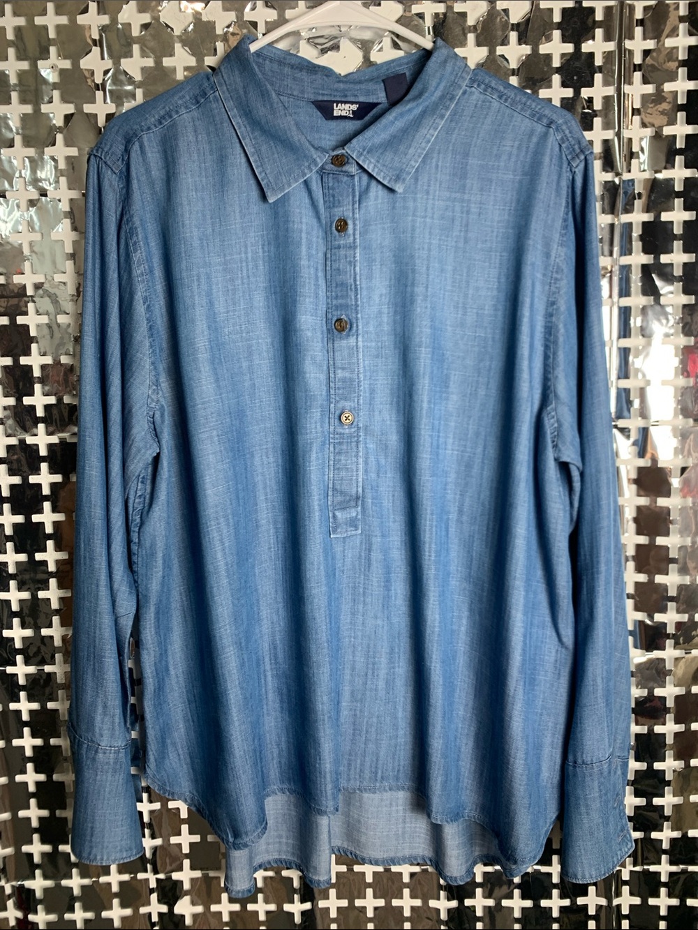Lands' End Medium Blue Chambray Pullover Blouse